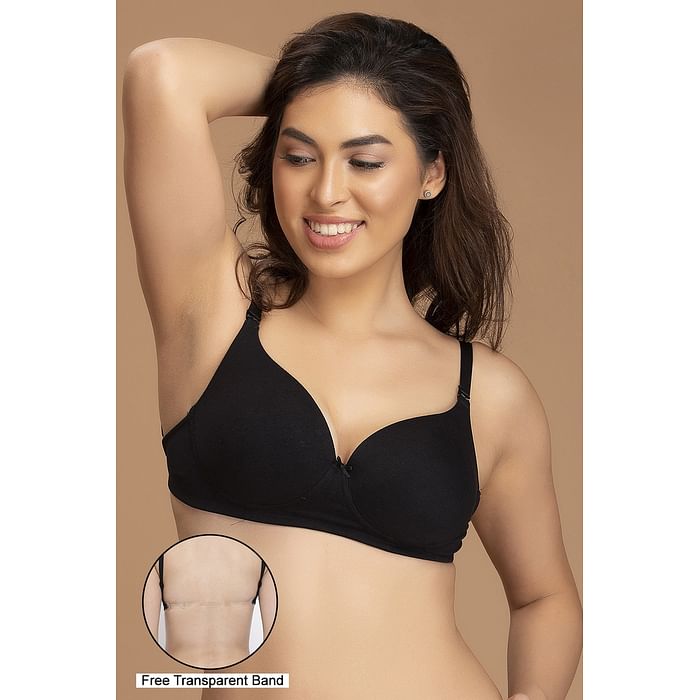 

Clovia Invisi Lightly Padded Non-Wired Full Cup Multiway Backless T-Shirt Bra in Black with Transparent Straps & Band - Cotton Rich - BR1926P13