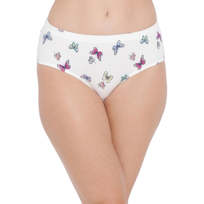 

Clovia Mid Waist Butterfly Print Hipster Panty with Inner Elastic in White - Cotton - PN5015T18