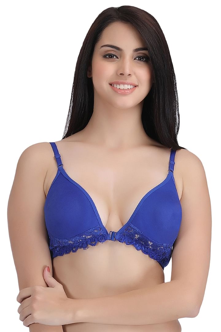 Buy Non-Padded Non-Wired Front Open Plunge Bra in Blue - Cotton