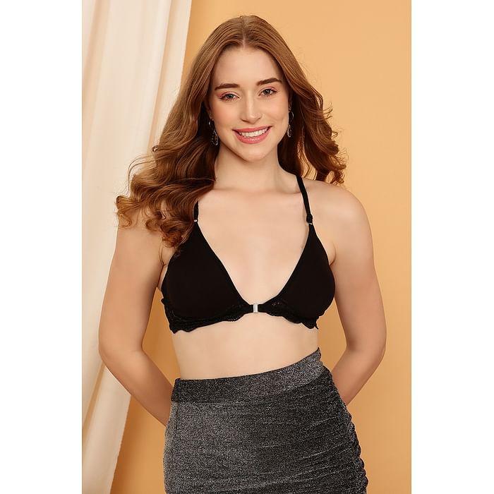 

Clovia Non-Padded Non-Wired Front Open Plunge Bra in Black- Cotton Rich - BR0766P13