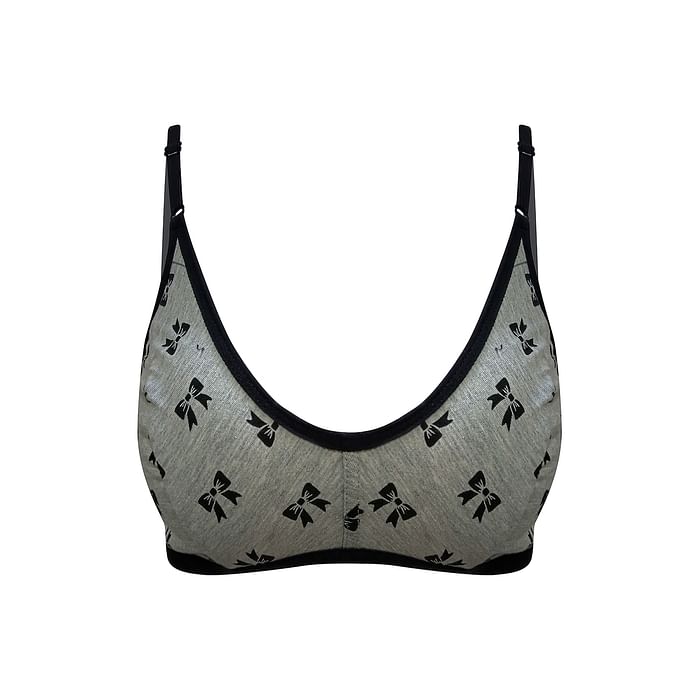 

Clovia Cotton Rich Non-Padded Non-Wired Bow Print Bra In Grey - BR1815A05, Dark grey