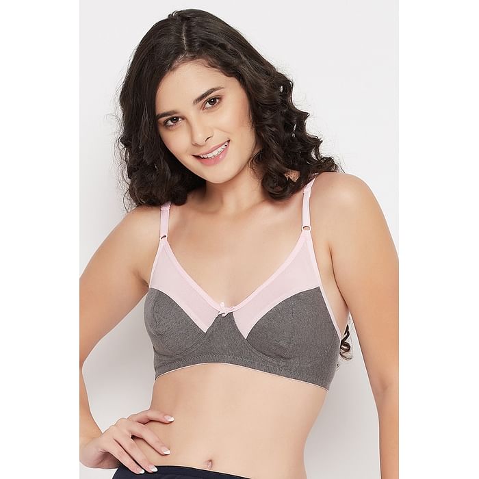 

Clovia Non-Padded Non-Wired Full Coverage Bra with Mesh Neck In Grey - Cotton Rich - BR1820P05, Dark grey