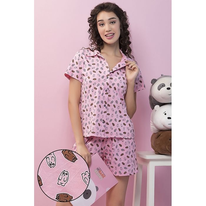 

Clovia Cotton Rich Printed Button-Down Shirt & Shorts - LS0094P22, Light pink