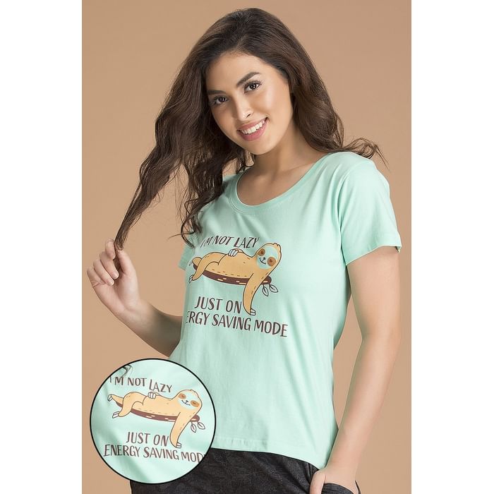 

Clovia Lazy Lounge Top in Light Green - Cotton Rich - LT0124T11
