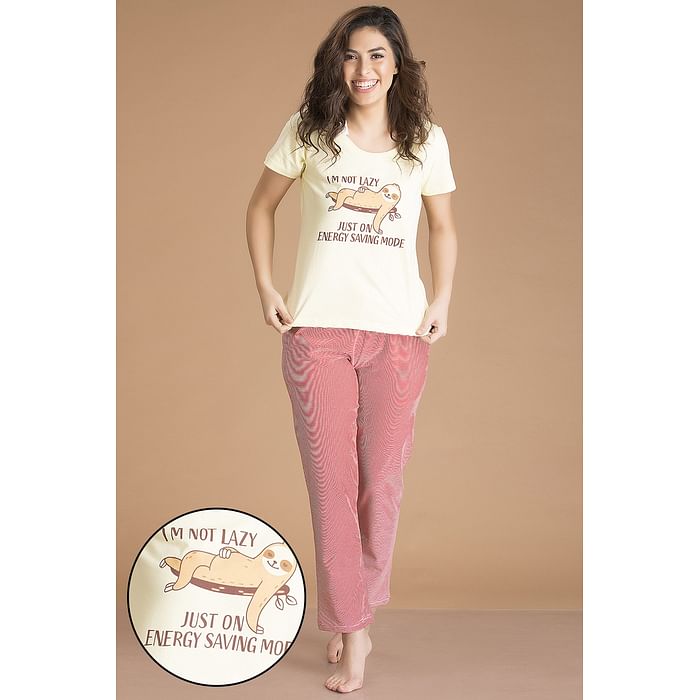 

Clovia Lazy Lounge Top & Pyjama Set in Yellow & Red- Cotton Rich - LSC124T02, Light yellow
