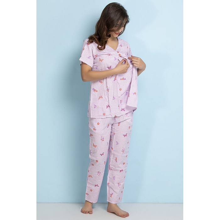 

Clovia Cotton Rich Maternity Printed Nightsuit In Purple - LS0263P12, Lavender