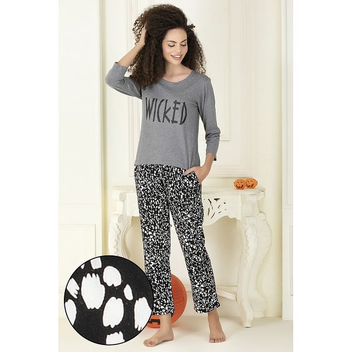 

Clovia Cotton Rich Printed Full Sleeves Top & Pyjama Set - LSC131A05, Dark grey