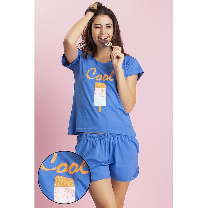 

Clovia Cotton Rich Printed Top & Shorts Set In Blue - LS0430P08, Navy