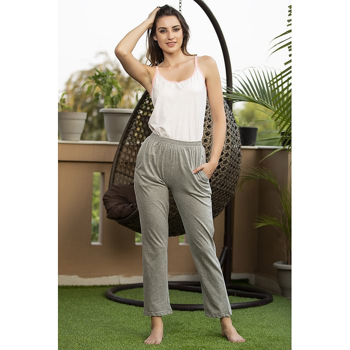 Clovia Pyjama with Elastic Waistband in Grey – Cotton Rich – LB0173P01