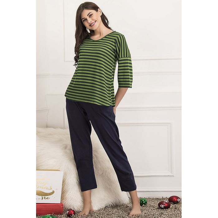 

Clovia Cotton Rich Striped Top & Pyjama Set - LS0367R11, Light green