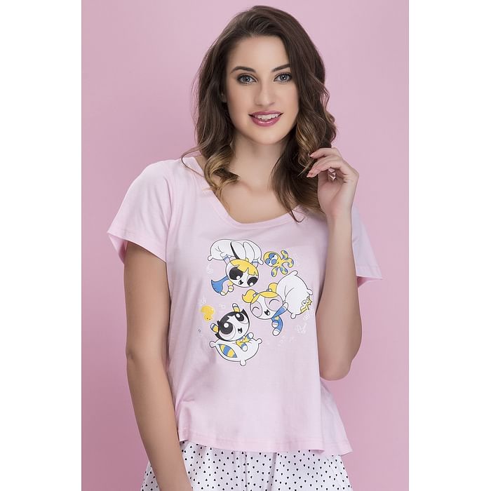 

Clovia Cotton Rich Text Print Top In Pink - LT0124T22, Light pink