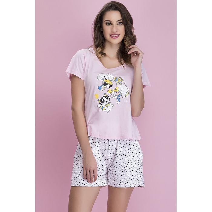 

Clovia Cotton Rich Text Powerpuff Print Top & Heart Print Boxers Set - LSC124T22, Light pink