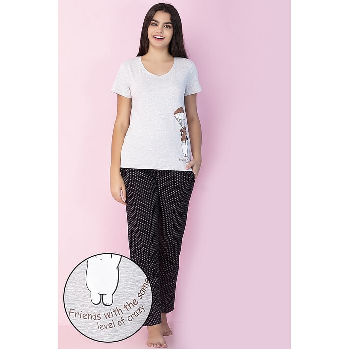 

Clovia Cotton Rich Text Print Night Suit - LSC124A01, Light grey