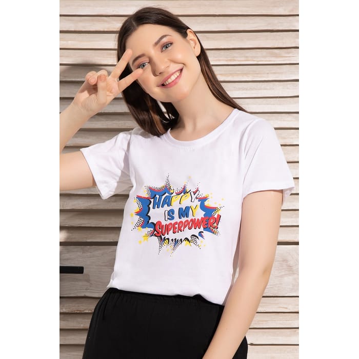 

Clovia Happy Is My Superpower Top in Orange- Cotton Rich - LT0124A18, White