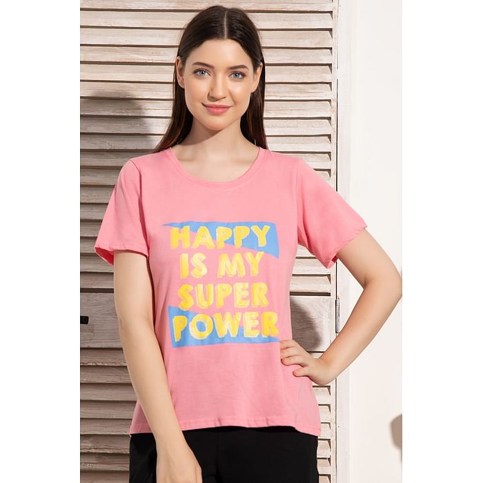 

Clovia Happy Is My Superpower Top in Pink- Cotton Rich - LT0124F22, Light pink