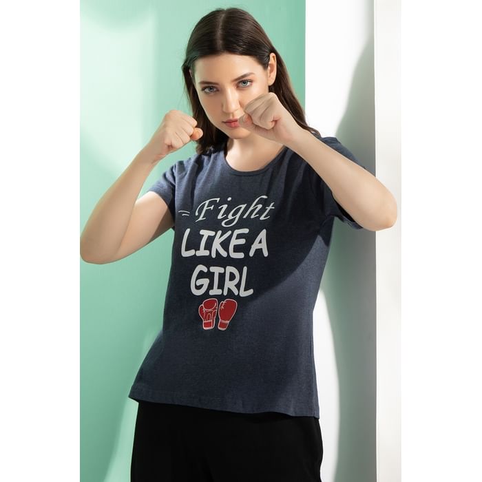 

Clovia Cotton Rich Text Print Top - LT0124A08, Navy