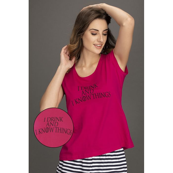 

Clovia Cotton Rich Text Print Top In Pink - LT0129P14