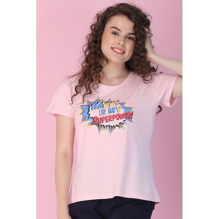 

Clovia Happy Is My Superpower Top in Pink- Cotton Rich - LT0124P22, Light pink