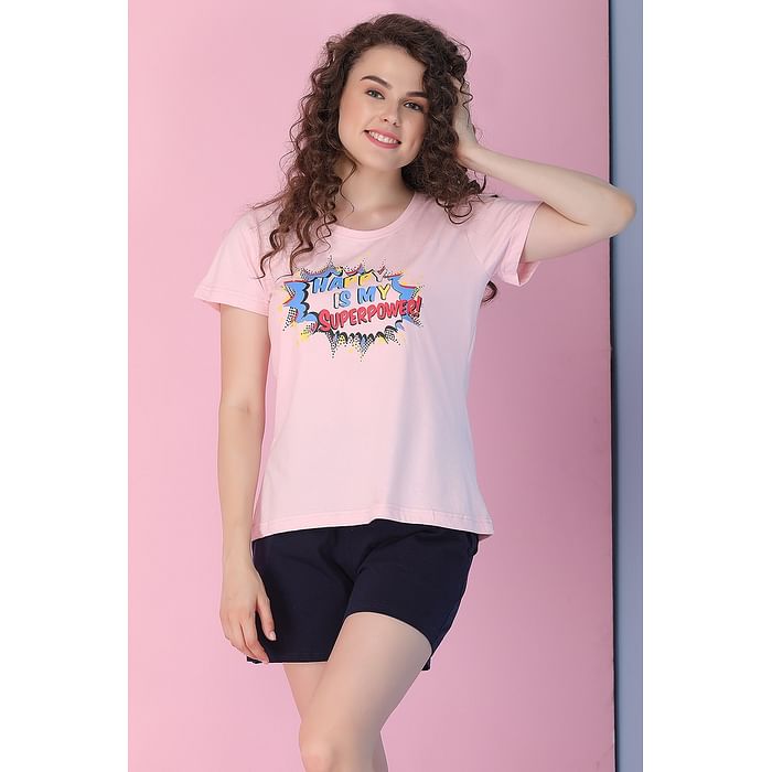 

Clovia Cotton Rich Text Print Top & Shorts Set - LSC124P22, Light pink