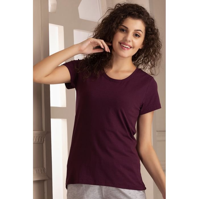 

Clovia Solid Sleep T-Shirt in Purple - Cotton Rich - LT0123P15