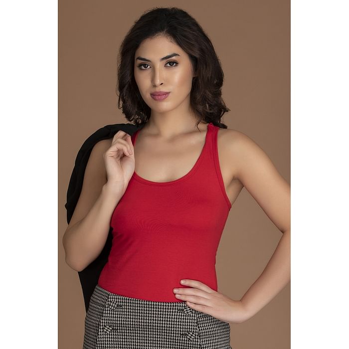 

Clovia Solid Tank Top in Red - Cotton - CM0008P04