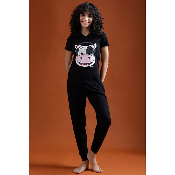 

Clovia Cow Emoji Print Top & Solid Jogger Set in Black - 100% Cotton - LS0557A13