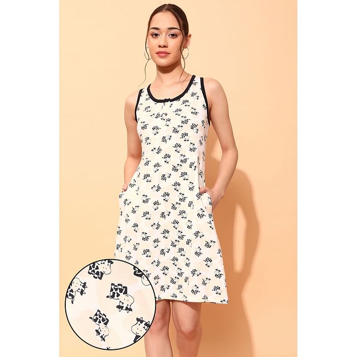 

Clovia Cow Print Short Night Dress in White - 100% Cotton - NS1479P18