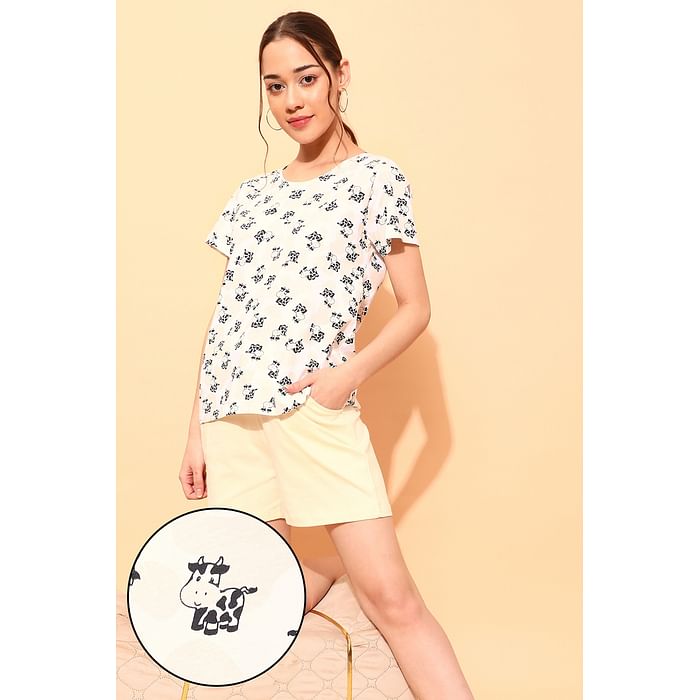 

Clovia Cow Print Top & Solid Shorts Set in White - 100% Cotton - LS0410G18