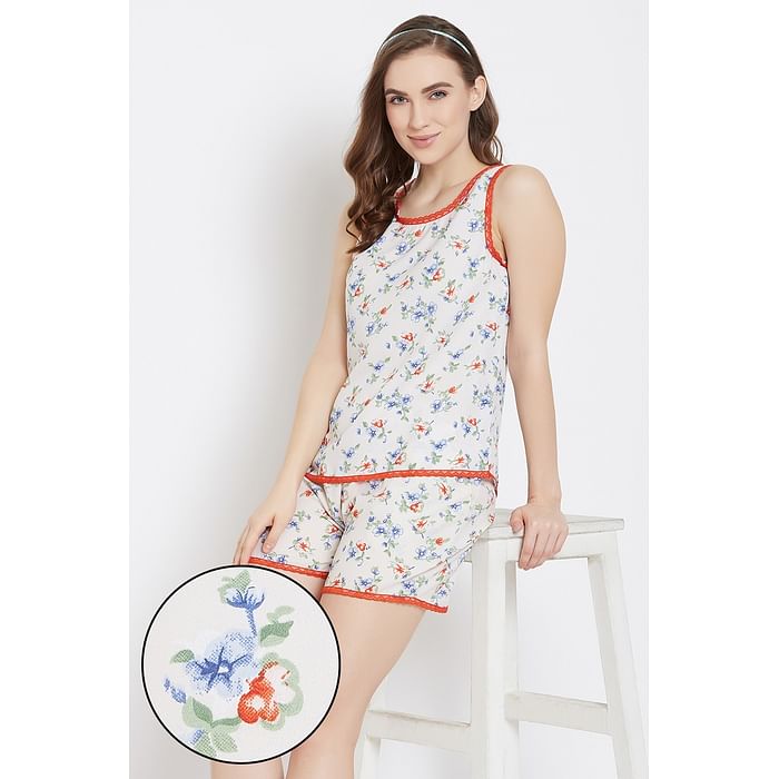 

Clovia Crepe Printed Top & Shorts - LS0018P08, Navy