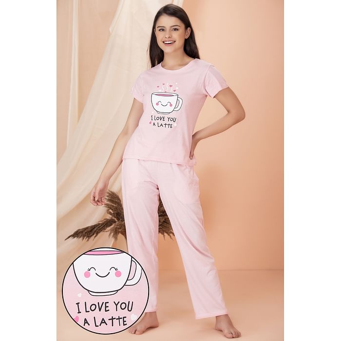 

Clovia Cup & Text Print Top & Pyjama Set in Baby Pink - 100% Cotton - LS0413M22, Light pink