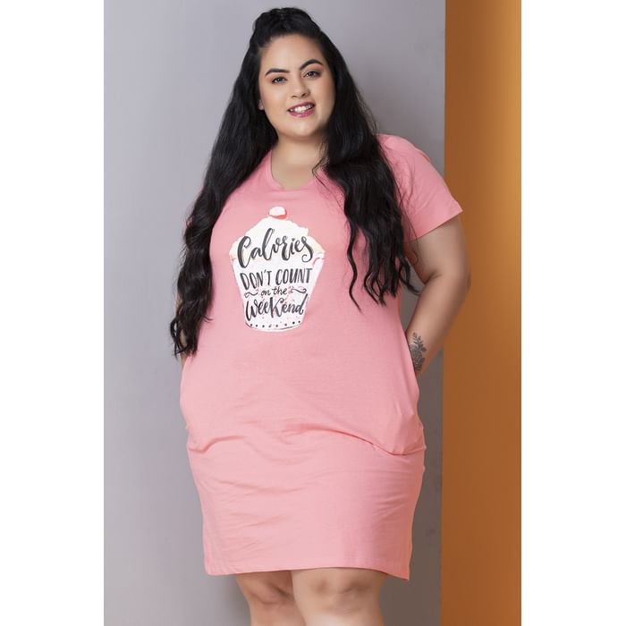 

Clovia Cupcake & Text Print Short Night Dress in Coral - 100% Cotton - NS1209E14, Pink