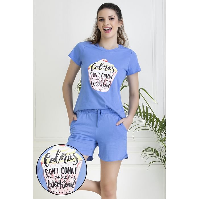 

Clovia Cupcake & Text Print Top & Shorts Set in Blue - Cotton Rich - LS0430P12, Lavender