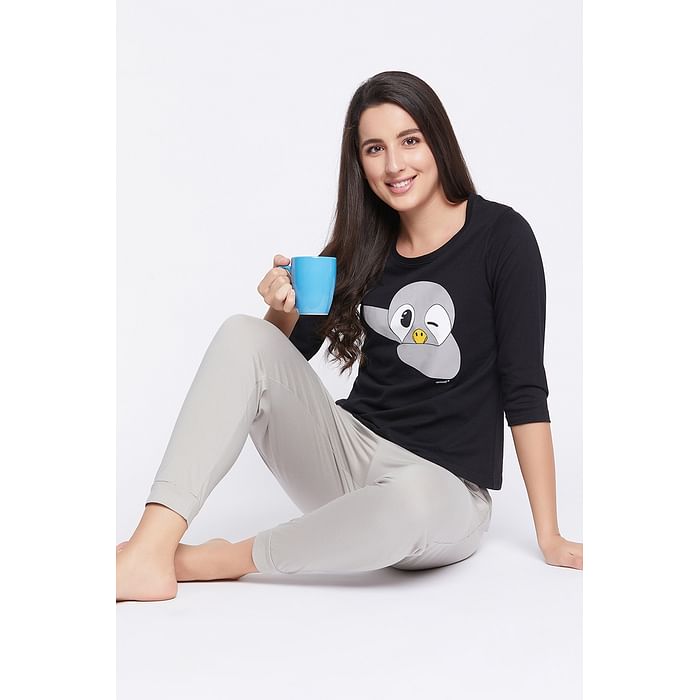 

Clovia Dab Penguin Print Top & Solid Jogger Set in Black - 100% Cotton - LS0581P13