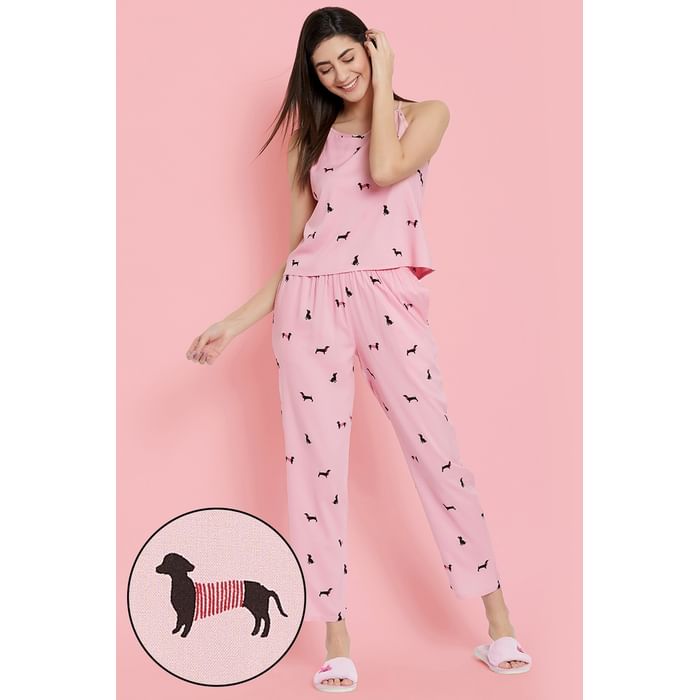 

Clovia Paw-fect Top & Pyjama Set in Light Pink- 100% Cotton - LS0510P22