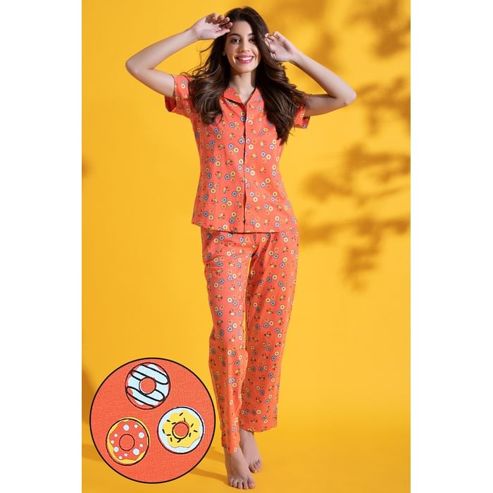 

Clovia Donut Print Button Me Up Shirt & Pyjama Set in Orange Colour - 100% Cotton - LS0025D16