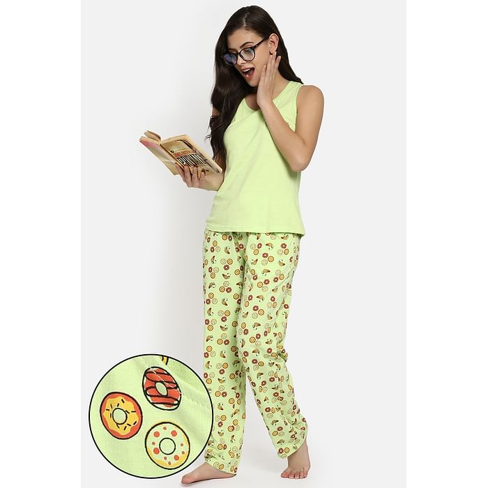 

Clovia Donut Print Top & Pyjama Set in Lime Green - 100% Cotton - LS0344D11, Light green