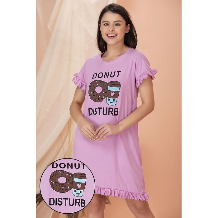 

Clovia Doughnut & Text Print Short Nightdress in Light Purple - 100% Cotton - NS1379P12, Lavender