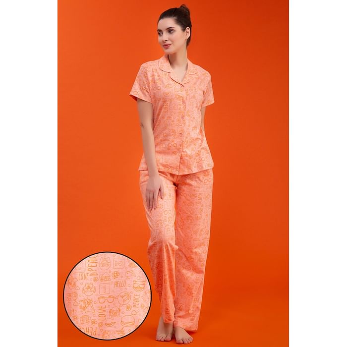 

Clovia Doodle Print Button Down Shirt & Pyjama Set in Salmon Pink - 100% Cotton - LS0025G22, Light pink