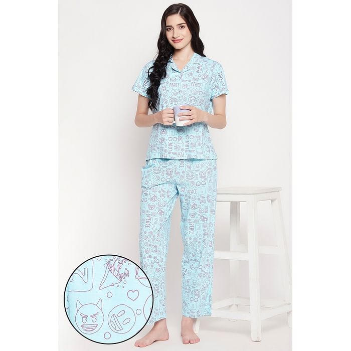

Clovia Doodle Print Button Down Shirt & Pyjama Set in Sky Blue - 100% Cotton - LS0025F03, Light blue