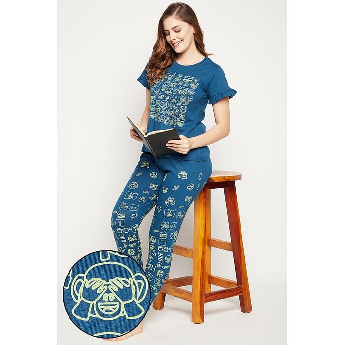 

Clovia Doodle Print Top & Jogger Set in Dark Blue - 100% Cotton - LS0557P08, Navy