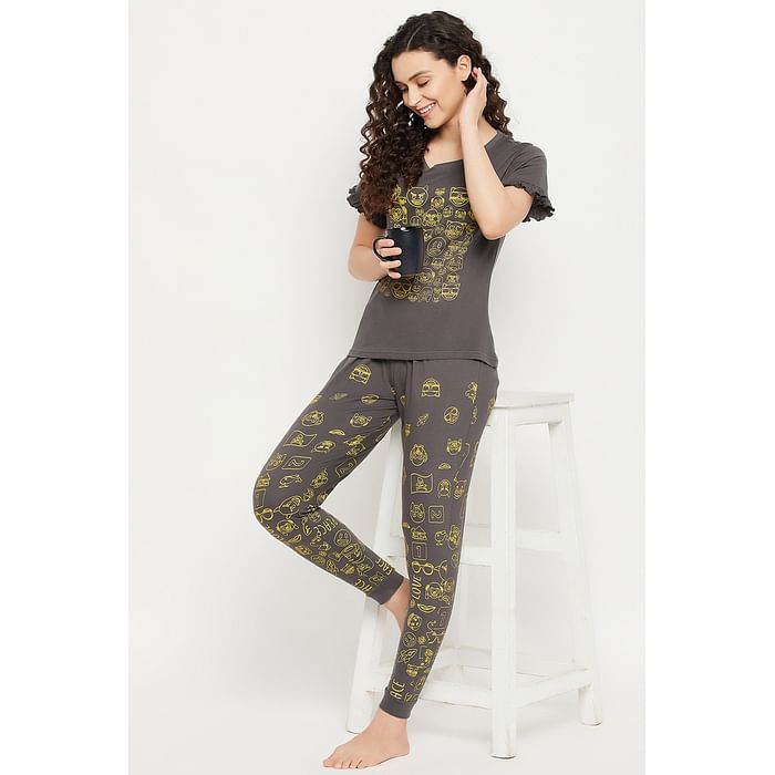 

Clovia Doodle Print Top & Pyjama Set in Dark Grey - 100% Cotton - LS0557P05