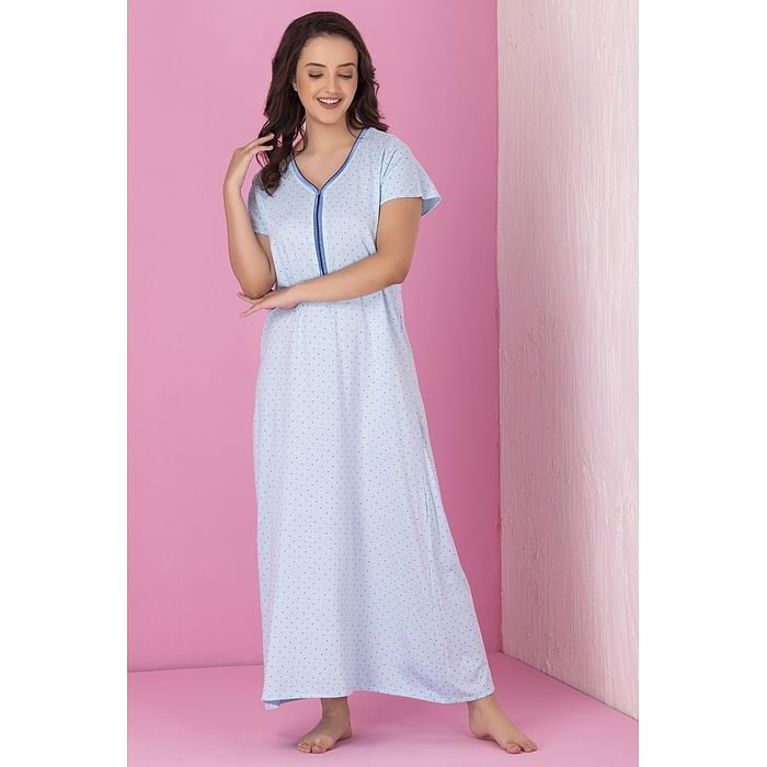 

Clovia Dot Print Long Night Dress in Sky Blue - 100% Cotton - NS1482P03, Light blue