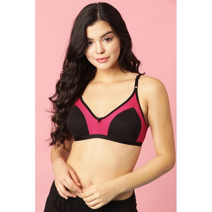 

Clovia M-azing Non-Padded Non-Wired Colourblocked Full Coverage Bra In Black & Pink - Cotton - BR0349P14