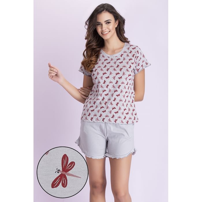 

Clovia Dragonfly Print Top & Solid Shorts Set in Light Grey - 100% Cotton - LS0555A01