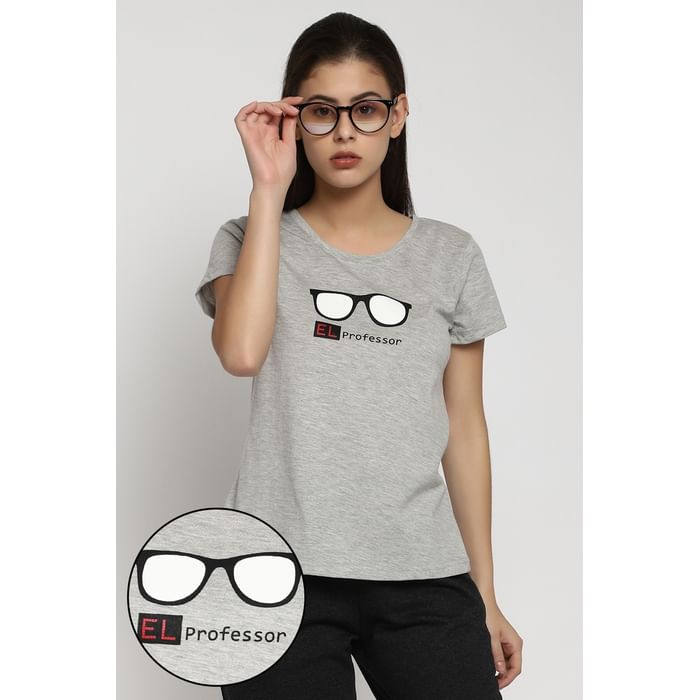 

Clovia Text & Spectacles Print Sleep T-shirt in Melange Grey - 100% Cotton - LT0126A01, Light grey