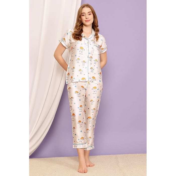 

Clovia Elephant Print Button Down Shirt & Pyjama Set in White - Satin - LS0385X18