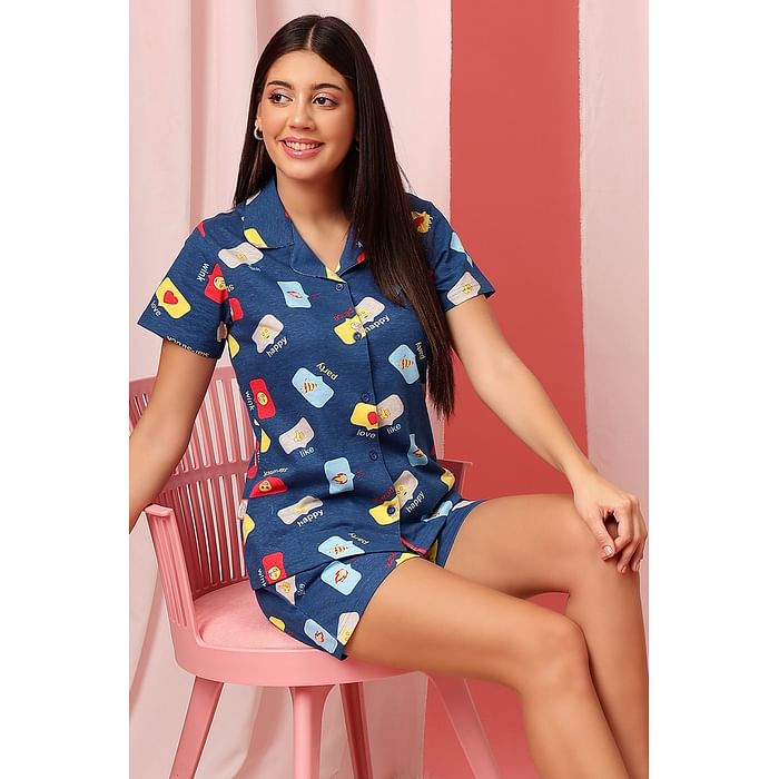 

Clovia Emoji Print Button Down Shirt & Shorts Set in Royal Blue - 100% Cotton - LS0094E08, Navy