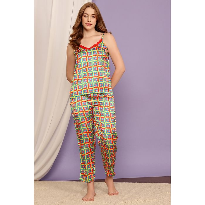 

Clovia Emoji Print Cami Top & Pyjama Set in Multicolour - Satin - LS0560A19