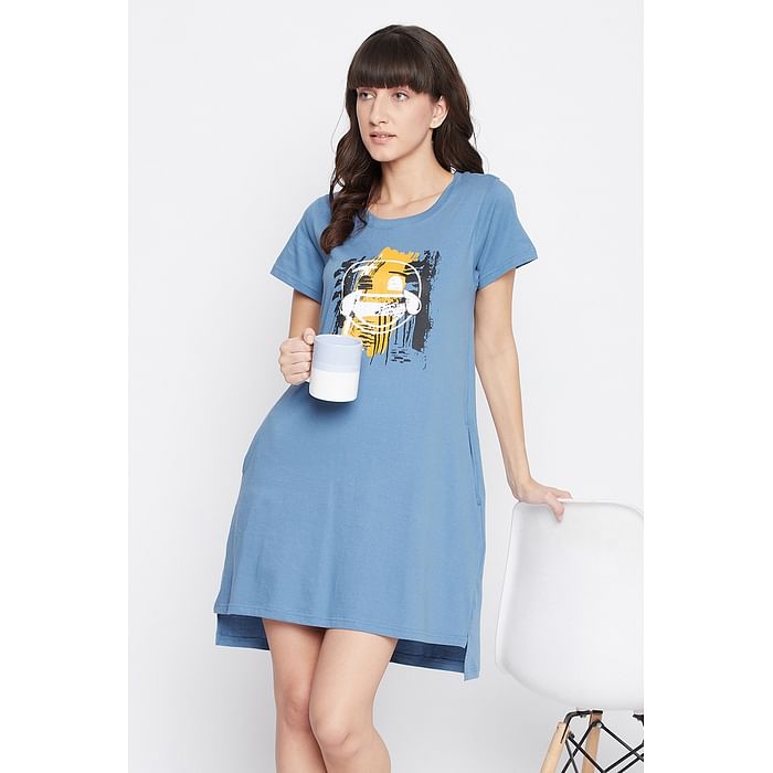 

Clovia Emoji Print Short Night Dress in Baby Blue - 100% Cotton - NS1209F08, Navy