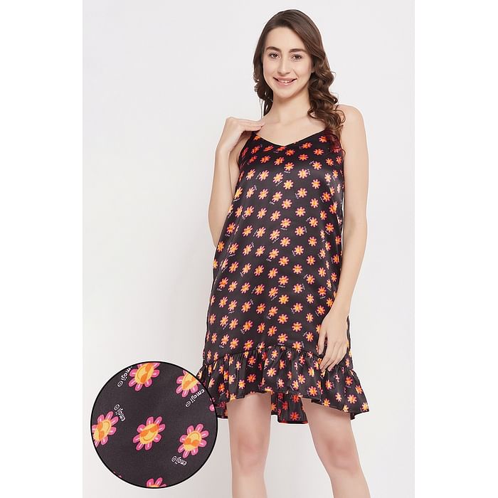 

Clovia Emoji Print Short Night Dress in Black - Satin - NS1346A13